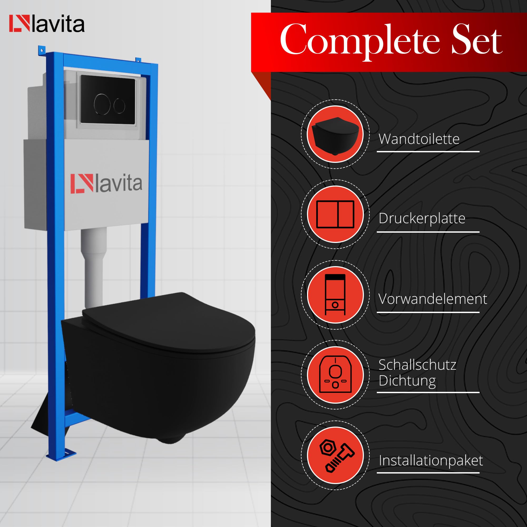 Lavita LAV 101 Vorwandelement für WC 40cm + Wand Hänge Tiefspül WC BRAVA Schwarz Spülrandlos + Bedienplatte LAV 200.4.4 Schwarz | wc sitz, Komplettset | Unterputz Spülkasten | Toilette Komplett Sett
