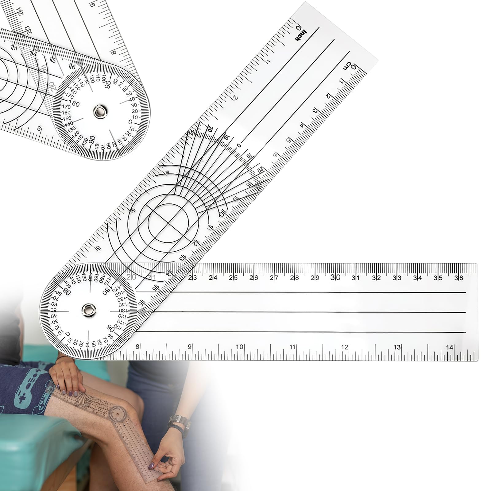 Goniometro 360 Gradi, PVC Goniometro Fisioterapia 360° Trasparenti, 36cm Goniometro Ortopedico Misuratore Angoli