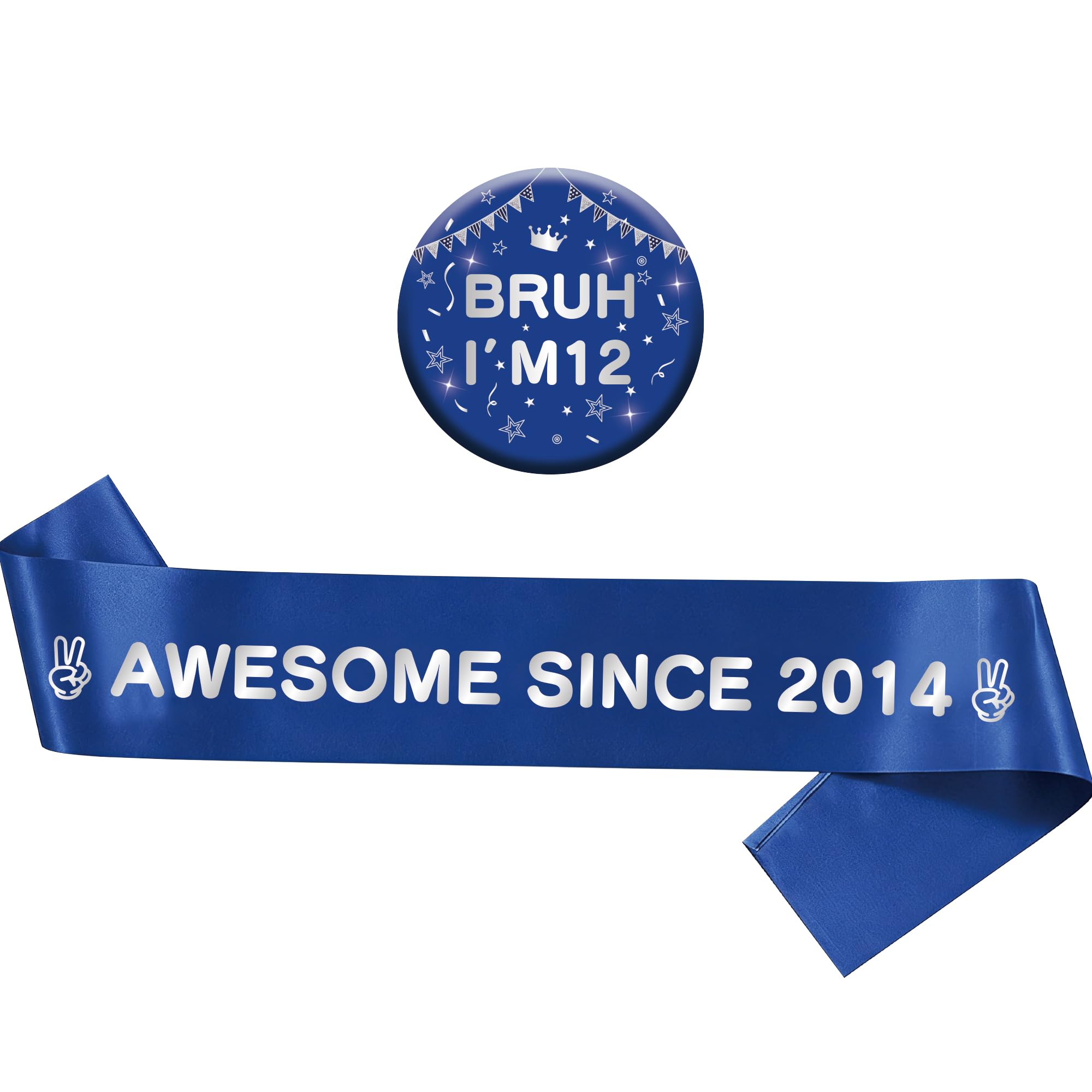 12th Birthday Decorations Badge Sash - Blue Silver Vintage Awesome Since 2014 Sash and Badge Accessory Gift for Boys 12 Year Old Retro Theme Happy Birthday Party Supplies