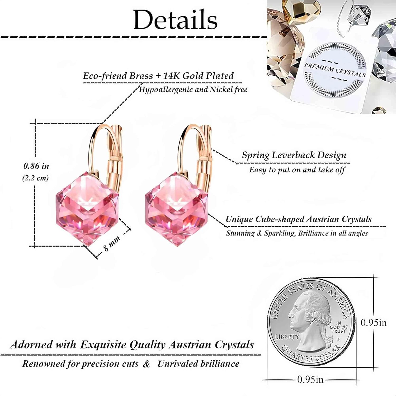 Cube Austrian Crystal Drop Leverback Earrings for Women Fashion 14K Rose Gold Plated Hypoallergenic Jewelry - Image 4