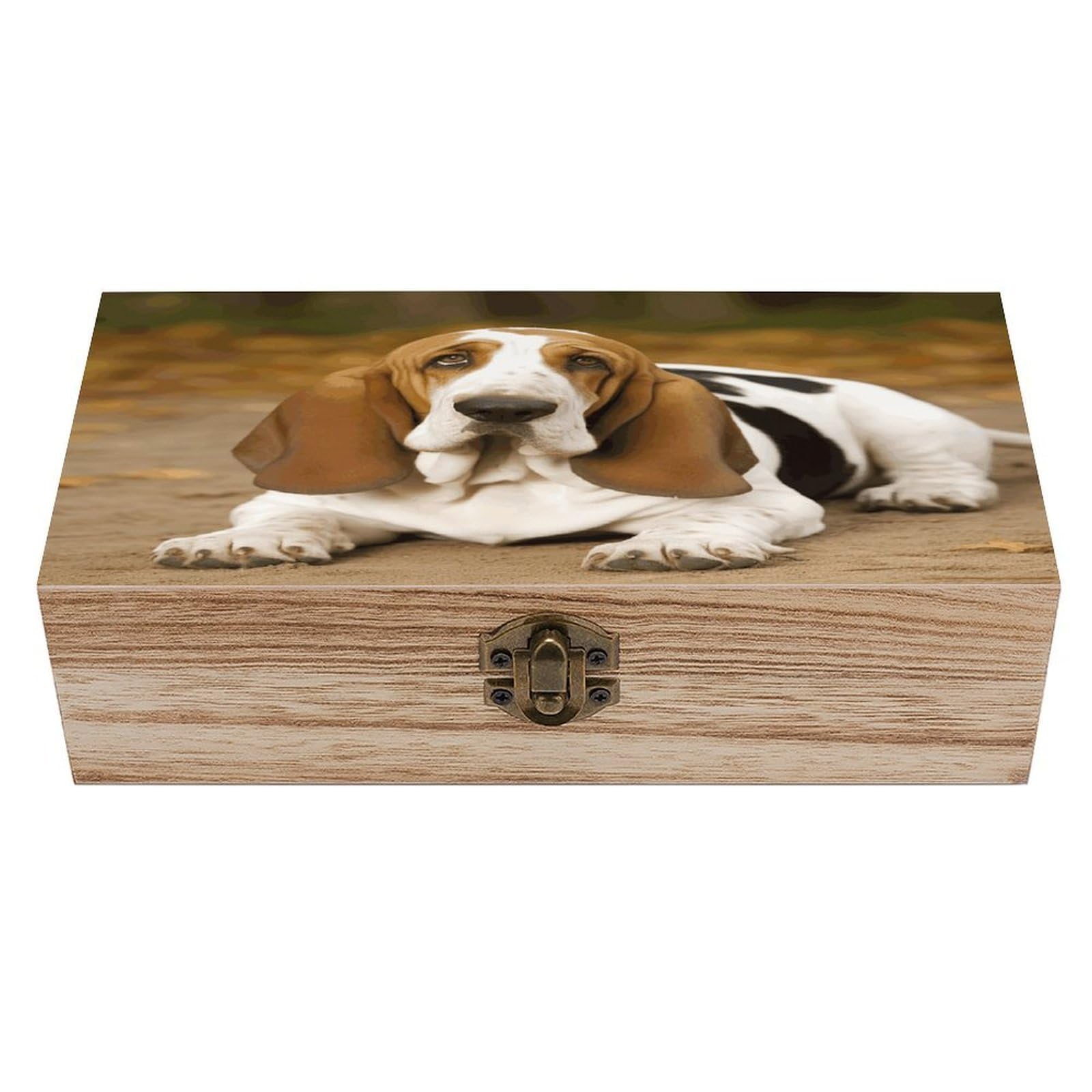 FekiLoot Natural Wooden Keepsake Box with Hinged Lid, 8x4 Inch Basset Hound Memory Box, Wood Jewelry Organizer & Trinket Holder, Gift for Men Women Anniversary Wedding