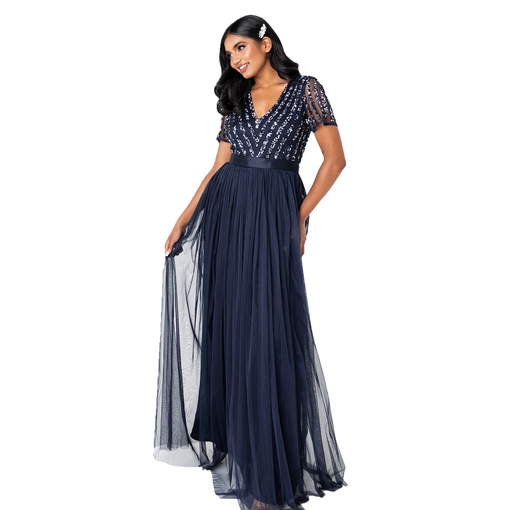 Maya Deluxewomens Maya Deluxe Soft Grey Stripe Embellished Maxi Dress With Sash Belt Bridesmaid Dress