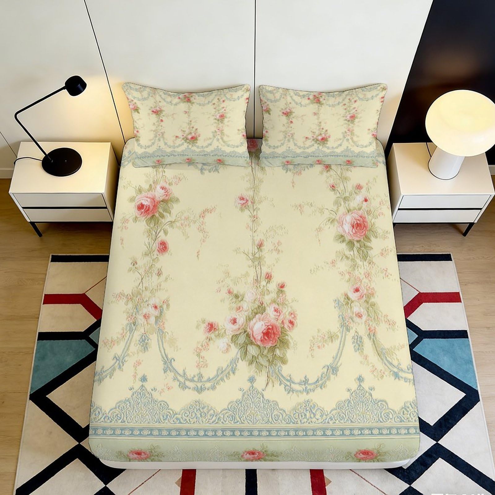 3D Printed Vintage Floral Fitted Sheet Microfiber Soft Breathable Romantic Rose Mattress Cover for Bedroom Guest Room Decor 90x200x25cm