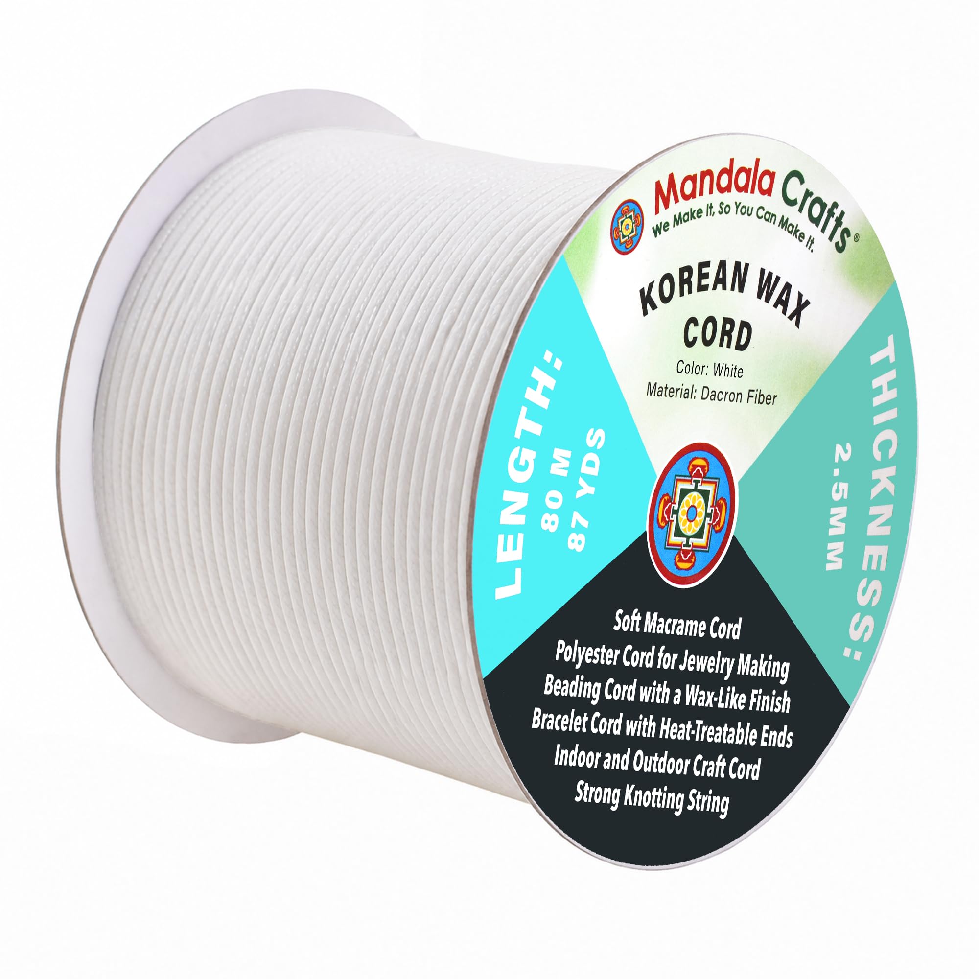Mandala Crafts 2.5mm White Korean Wax Cord for Jewelry Making, 87 Yards
