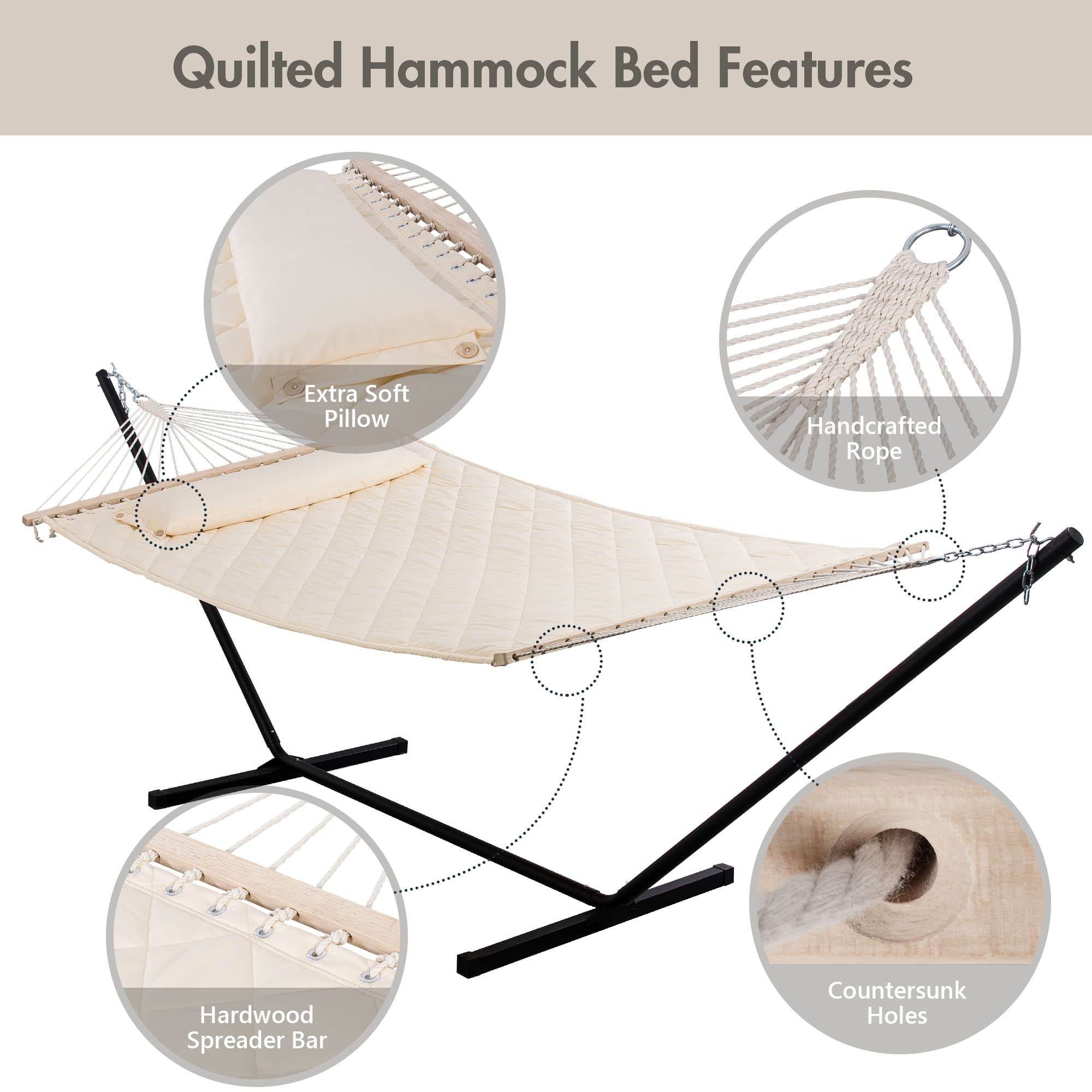 Lazcorner Double Hammock with 12 Feet Heavy Duty Steel Stand Combo, 2 Person Quilted Fabric Hammocks with Stand for Outdoors Indoors, 450 LBS Weight Capacity, Natural