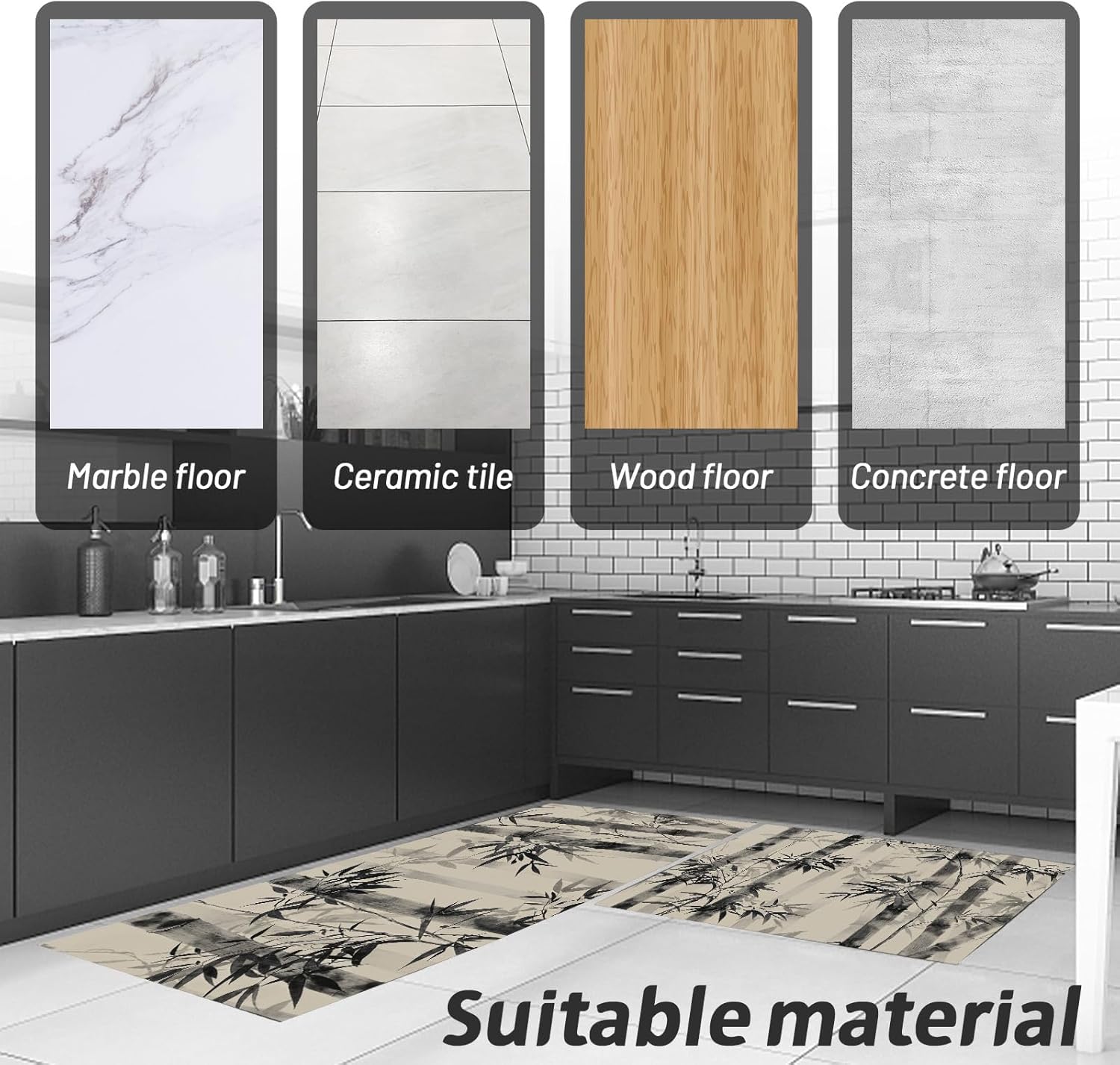 2 Pcs Kitchen Rugs and Mats Black and White Ink Painting Style Kitchen Rug Sets, Bamboo Forest Floor Mats Washable Non Slip Rug Runner for Office Sink Laundry 20"x32"+20"x71"
