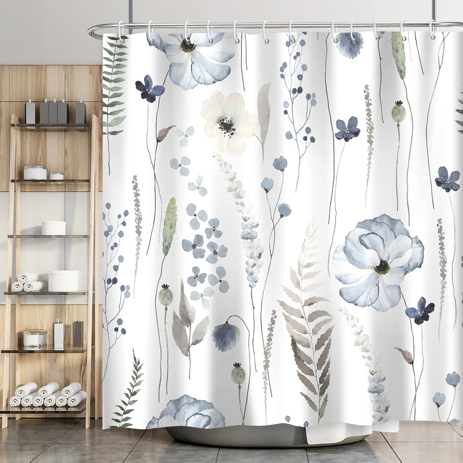 Blue Floral Shower Curtain, Blue Beige Flower Shower Curtains for Bathroom Modern Minimalist Waterproof Fabric Bath Curtain 72x72 Inch with 12 Plastic Hooks