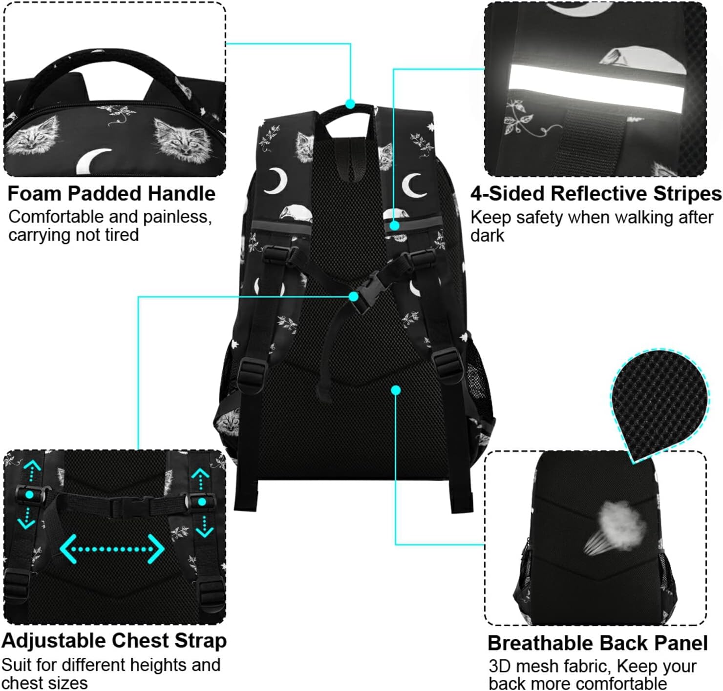 CBBYY Children's School Bags, Skull Cat Moon School Backpacks, bookbag for Boys and Girls with Reflective Strips