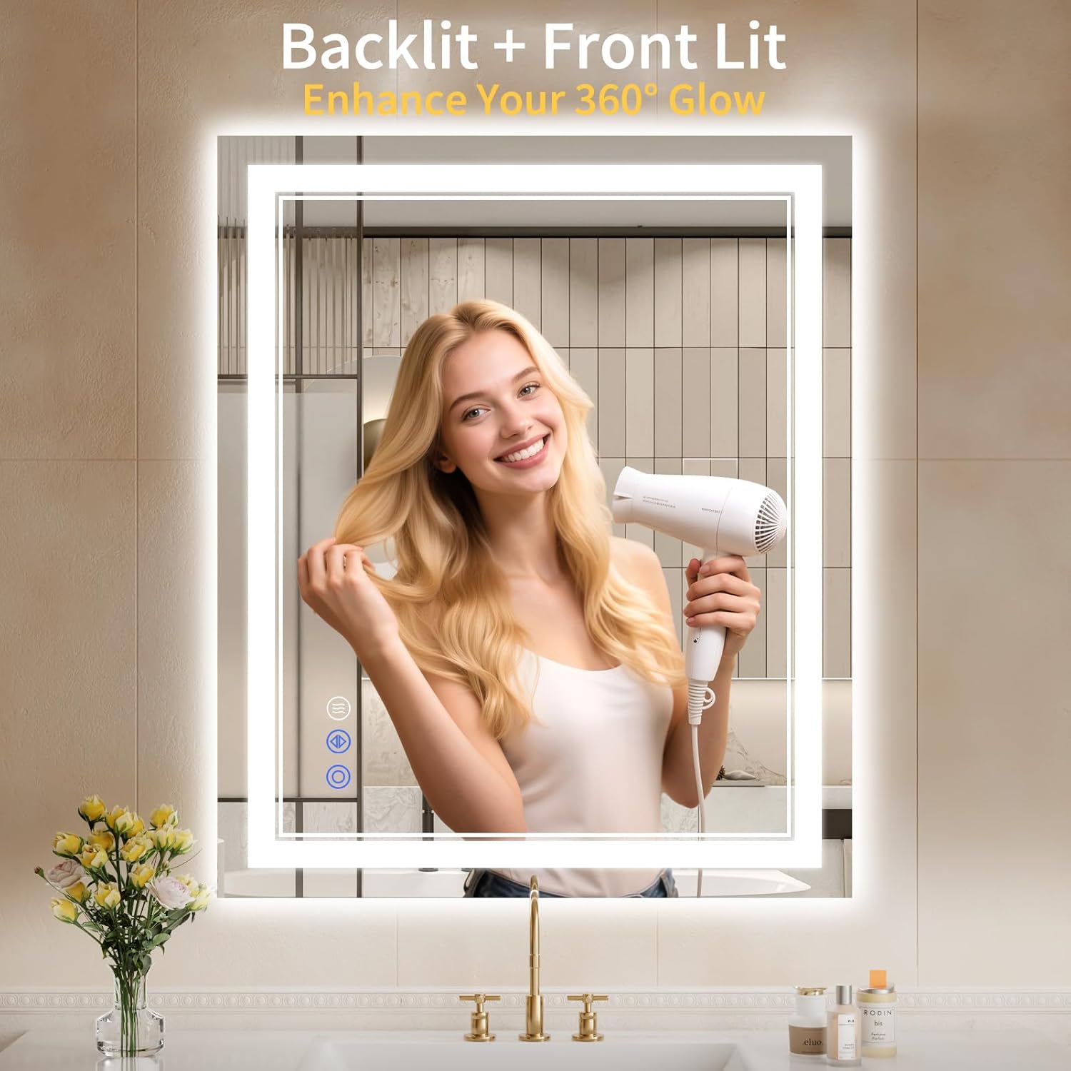 30"x36" led bathroom mirror with lights, anti-fog, backlit + front lit, dimmable, led vanity mirror for wall, lighted bathroom mirror, 3 colors, shatter-proof tempered glass white 30"l x 36"w