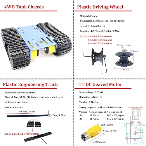 Miniatura 10 de Kit de chasis de tanque robótico inteligente de metal a control remoto con 4 motores DC TT para Arduino UNO R3/Raspberry Pie/STEAM, plataforma