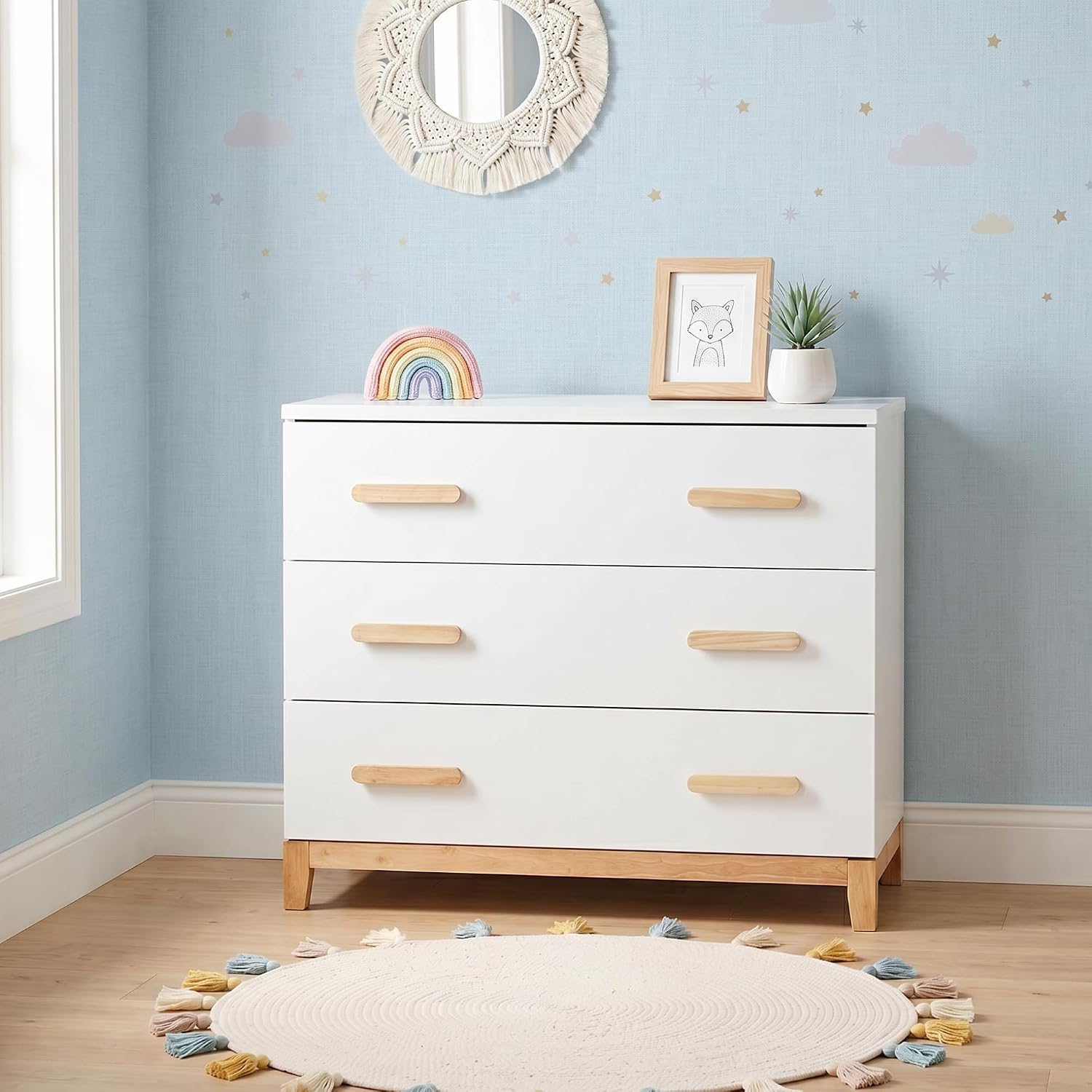 dadada LaLa 3 Drawer Dresser for Nursery - Modern Design, Deep Drawers, Baby-Safe Finish, Anti-Tip Safety, Durable Construction, Maximum Storage for Small Spaces, 39"W x 34"H x 19"D. (White+Natural)