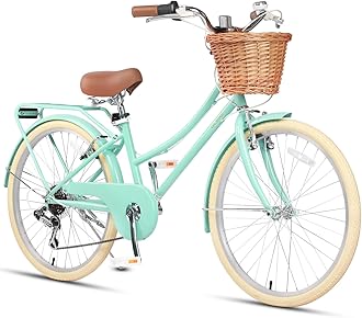 Glerc 20 24 26 Inch Beach Cruiser Bike, 6-Speed Hybrid City Bicycle for Girls Youth and Over 6 Years Old, Missy Bike with Wicker Basket & Lightweight, Multiple Colors