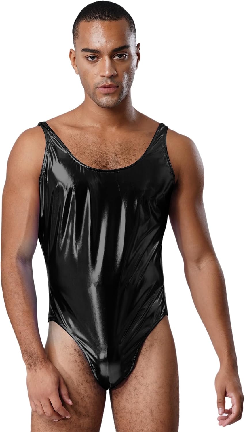 TiaoBug Mens Shiny Metallic Bodysuit Rave Outfits U Neck Singlet Leotard Party Tank Tops Clubwear