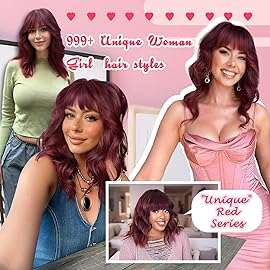 Nnzes Bob Curly Wig Synthetic Short Wine Red Wig with Bangs Natural Looking Heat Resistant Fiber Hair for Women