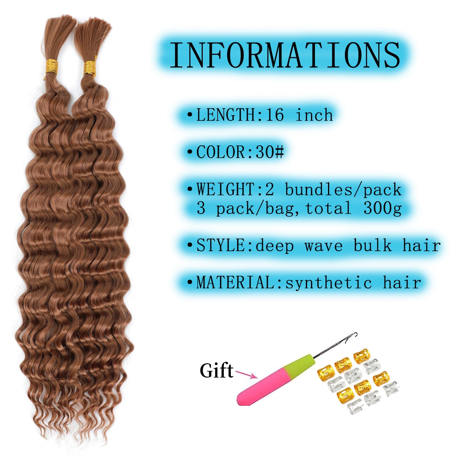 TAOYEMY Deep Wave Bulk Braiding Hair 100g*3pc (1 Pack-2 Bundles) No Weft Boho Braids Wet and Wavy Synthetic Hair Extension (30# - Image 2
