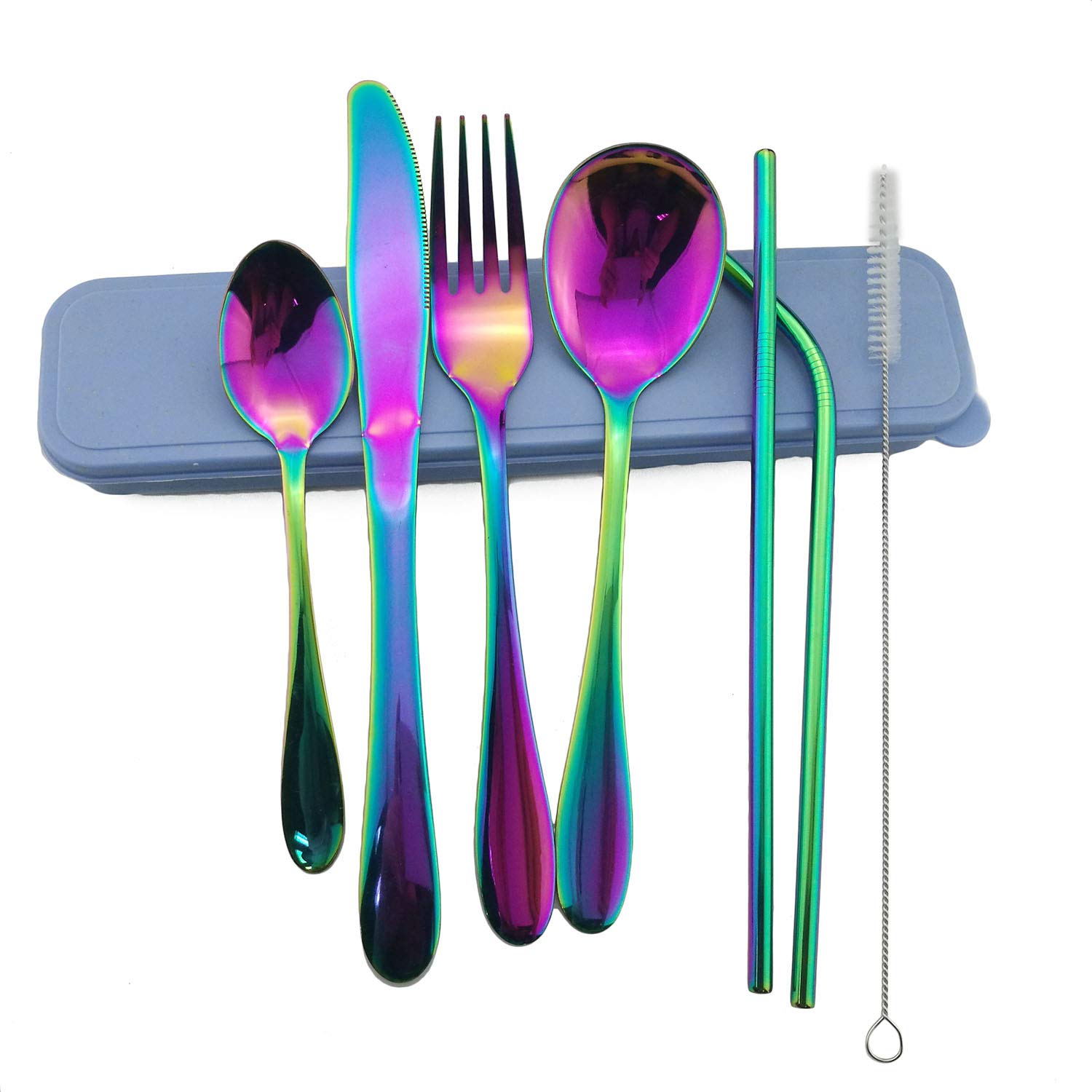 Luxury Multicolor Flatware Set With Straws, 4-Piece Chic Tableware Sets, Stainless Steel Rainbow Dinnerware Set, Include Spoon/Knife/Fork/Teaspoon/Portable Box(1Bent+1Straight+1Brush)