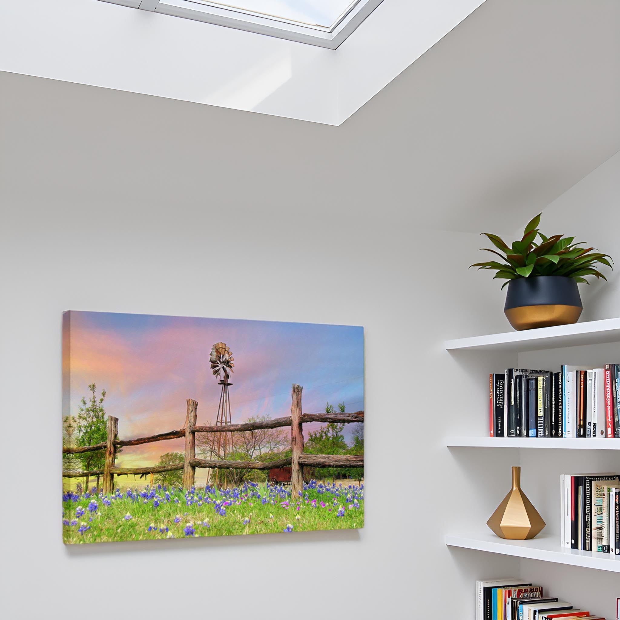 Conipit Leinwand-Kunst 'Texas Bluebonnets' – 40,6 X 61 Cm, Landschaftsbild Mit Windmühlen, Fertig Zum Aufhängen