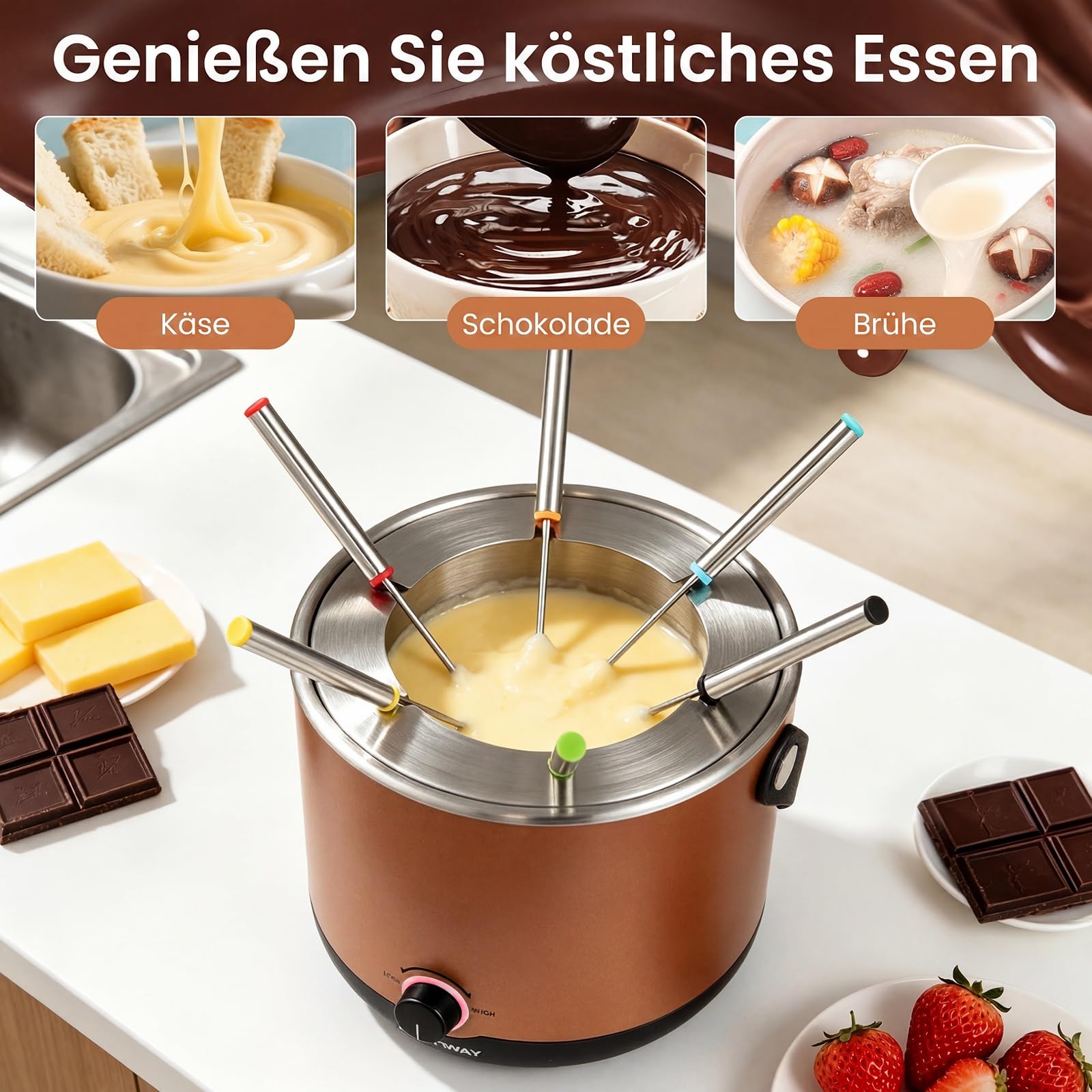 COSTWAY Elektryczny zestaw do fondue, 2 l, 800 W, ze stali nierdzewnej, czekoladowe fondue z 6 widelcami do fondue i ochroną przed pryskaniem, nadaje się do mycia w zmywarce, przenośne fondue serowe z