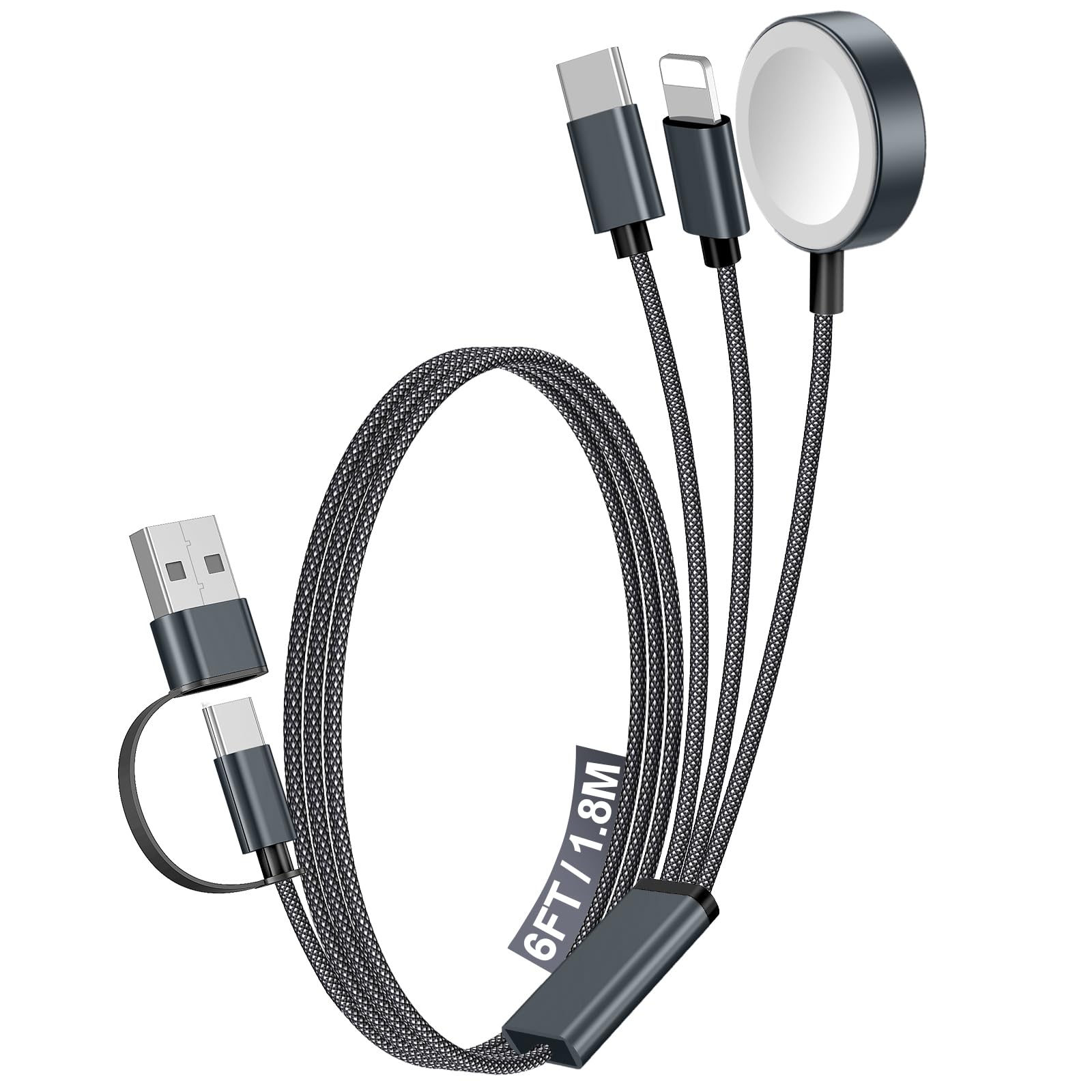 Photo 1 of 1Pack Multi Charging Cable Cord for Travel Essentials,Apple Watch Charger,iPhone Charger,[3-in-2] Type C/LCable Portable Designed for iWatch,iPhone 17-8,Galaxy S25-21,AirPods,iPad-1.8M Black