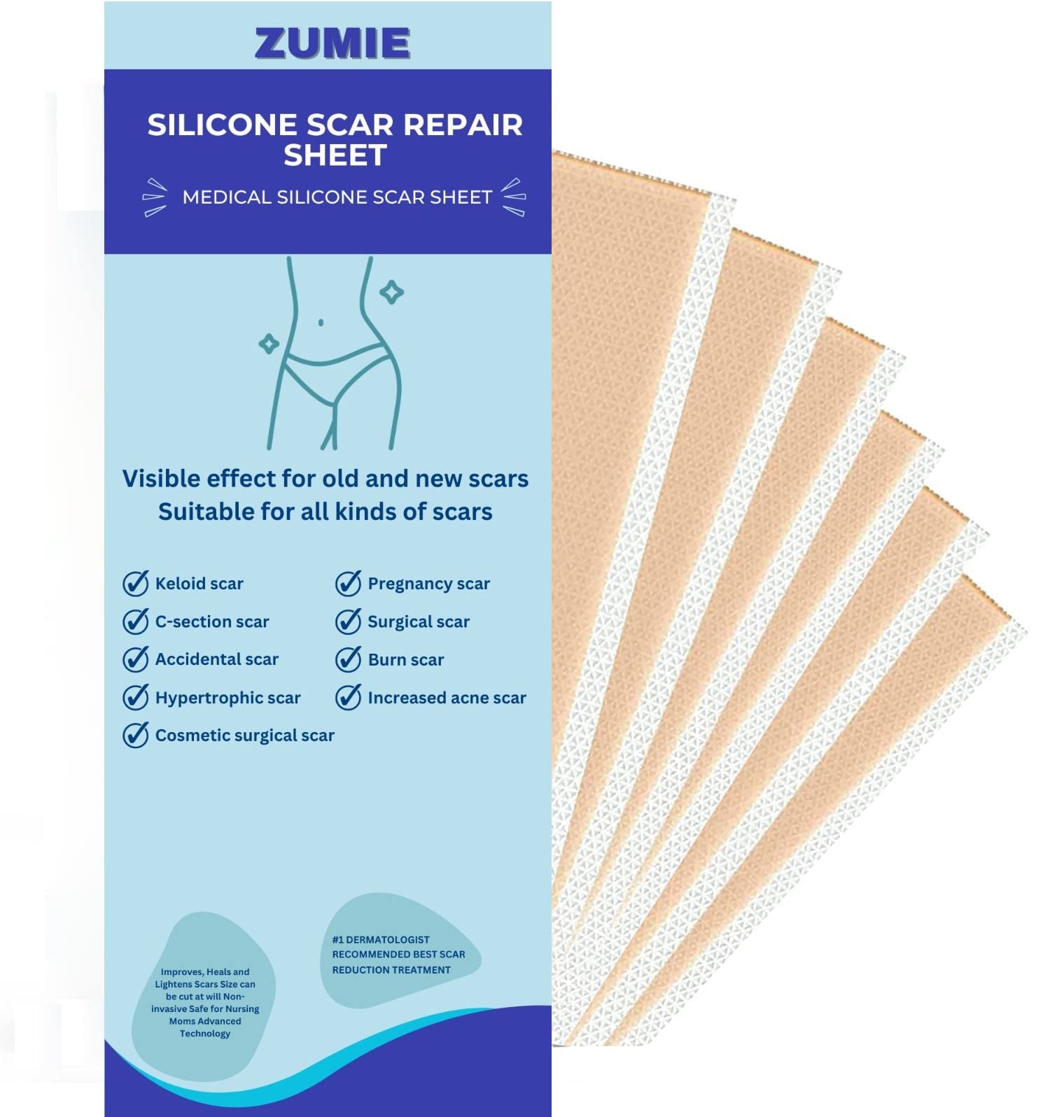 ZUMIE Silicone Scar Removal Sheets Post Surgery & Acne Scars Treatment-2 Month Supply Cica Care Gel Sheets Wound Repair Scar Silicon Soft Long Strips & Sheets (1pcs Scar repair tape)