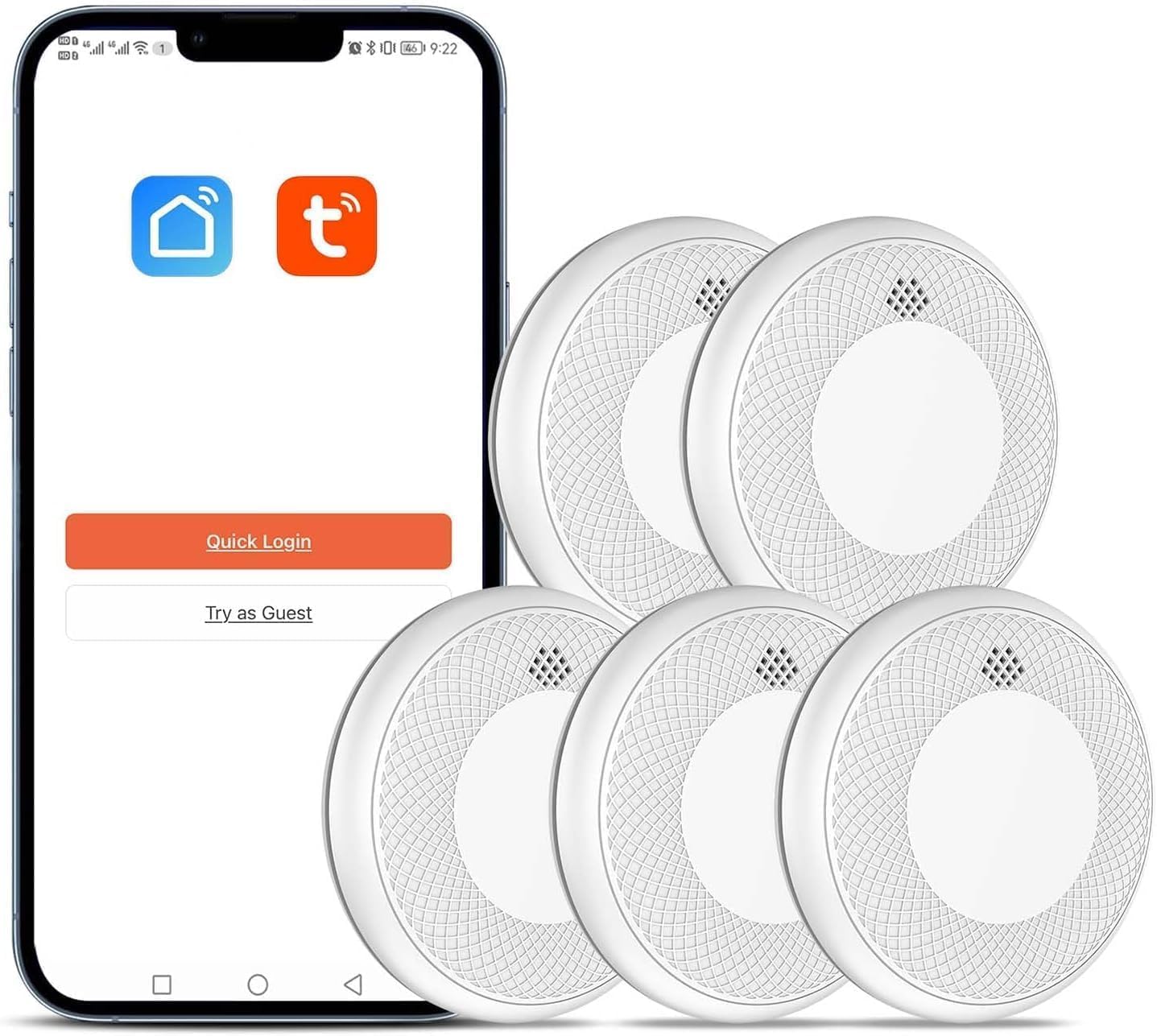 Safeliveo Rauchmelder WLAN 10 Jahre Batterie mit App Benachrichtigung, Stummschaltung und Selbsttest Funktion ，Entspricht DIN EN 14604(Kompatibel mit Tuya/Smart Life APP)-5 Stück