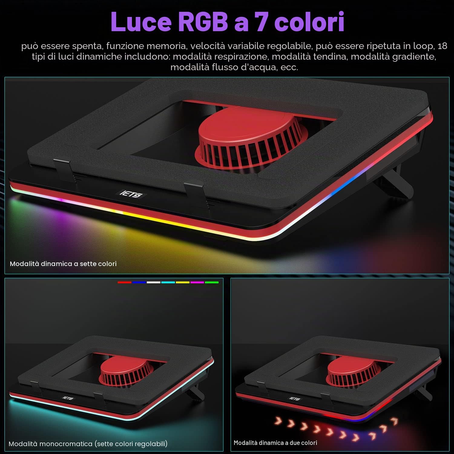 IETS GT500 Potente Turbo-Fan (4600 giri/min) RGB, con velocità infinitamente variabile, filtro antipolvere per proteggere il computer portatile, 13-17.3 pollici