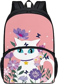 Kawaii White Cat Print Backpack Cute Floral Backpack Pink School Backpack Elementary or Middle School Lightweight Large Capacity Backpack Adjustable Shoulder Strap Bookbags for Girls Boys