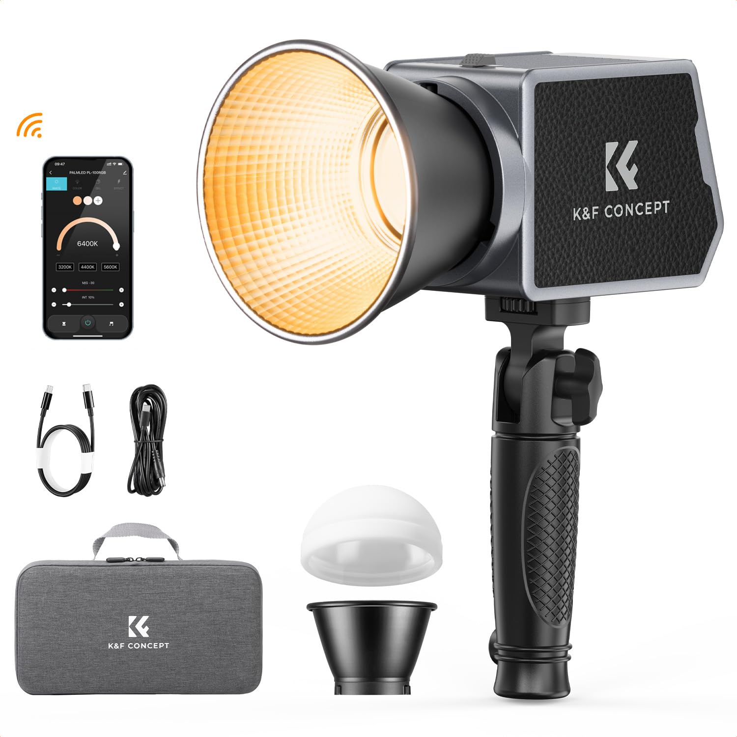 K&F CONCEPT PL-60B 60W COB Photo Light Built-in 4500mAh Battery Supports Type-C PD Fast Charging with 12 Light Effects, Comes with a Handle and Carrying Pouch for Mobile Shooting