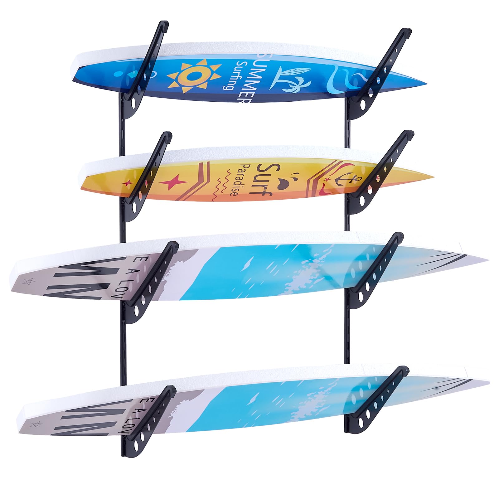 VEVOR Soporte de Pared para Tablas de Surf, Soporte Horizontal para Tablas de Surf de 4 Niveles para Almacenamiento y Exhibición, Organizador Ajustable para Kiteboards, Esquís y Snowboards, Negro