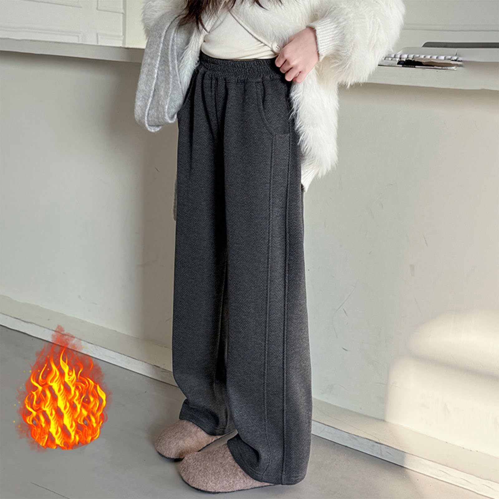 Generisch Pantalon d'hiver pour fille - Doublure moelleuse - Jambes larges - Coupe droite - Renforcé - Chaud - Automne - Hiver - Pantalon de loisirs - Doux et élastique - Couleur unie - Confortable au