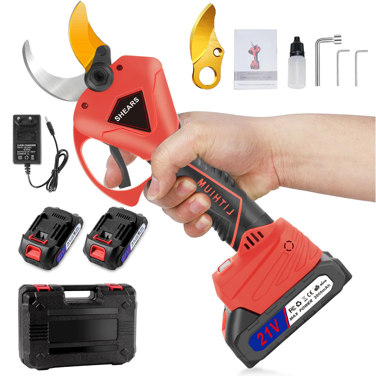 Secateur Electrique Sans Fil 50mm, Secateur Electrique avec 2*Batteries 2000mAh, Moteur Sans Balais, Lame SK7, Écran LCD, Professionnel Sécateur la taille, le Jardinage, les Arbres Fruitiers