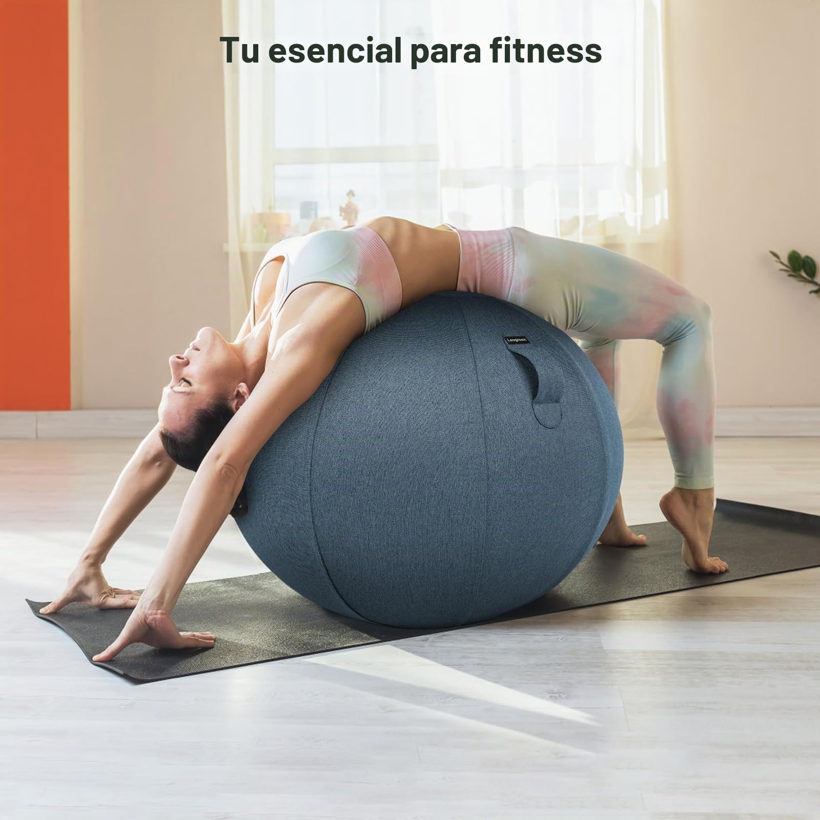 Leogreen Pelota de Pilates Gris 65/75 cm, Silla Balón Ergonómica | Funda Lino Lavable, Antideslizante, Yoga, Oficina y Postura Correcta, Embarazo