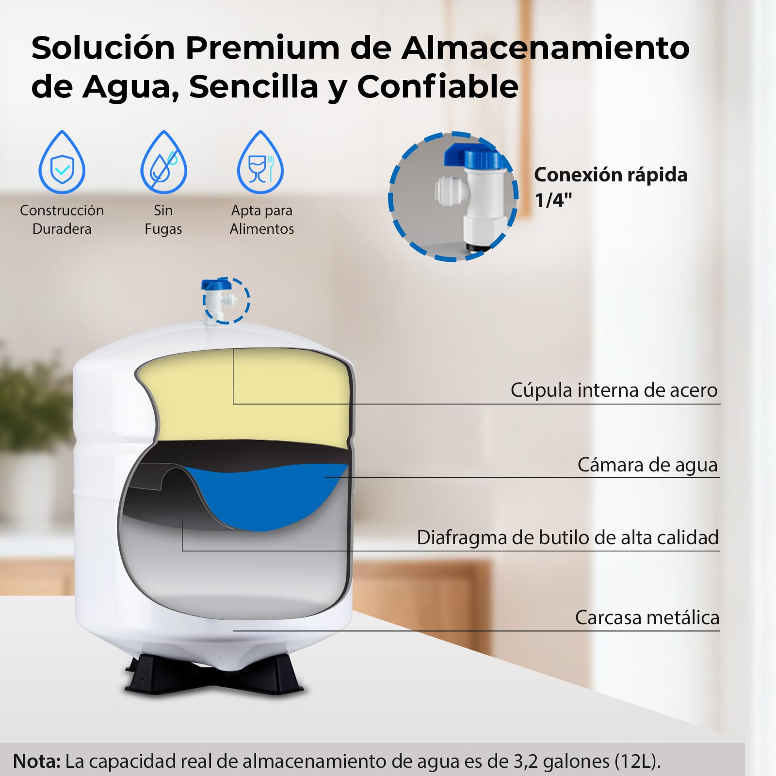 iSpring T32M Depósito de Almacenamiento de Agua para Sistema de Filtración de Ósmosis Inversa, 3.2 Galones (12 L), Tanque de Presión de Metal de Alta Resistencia, Conexión de 1/4", con Válvula de Bola