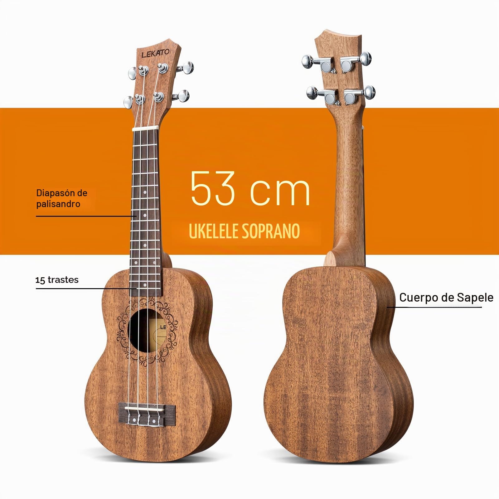 LEKATO Ukelele soprano Sapele de 21 pulgadas, kit de inicio con funda, afinador, correa, púas y cuerdas, juego de ukelele de 4 cuerdas para viajes a Hawái para principiantes