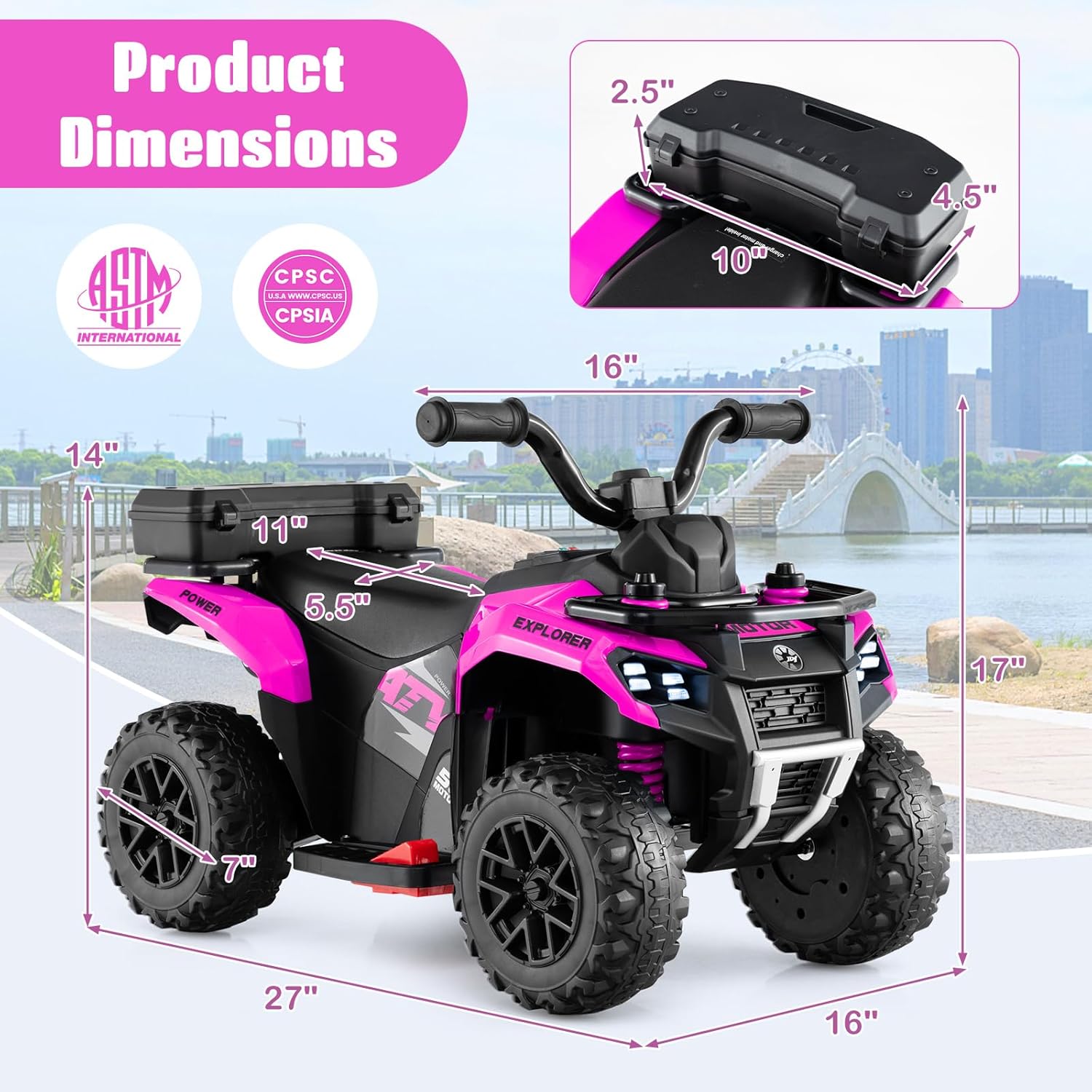 Costzon Kids ATV, 6V Four Wheeler Quad Electric Vehicle with Spray Function, Storage Box, Musin & Lights, Kids 4 Wheeler Ride on Car Toy for Boys Girls 18+ Months (Pink)