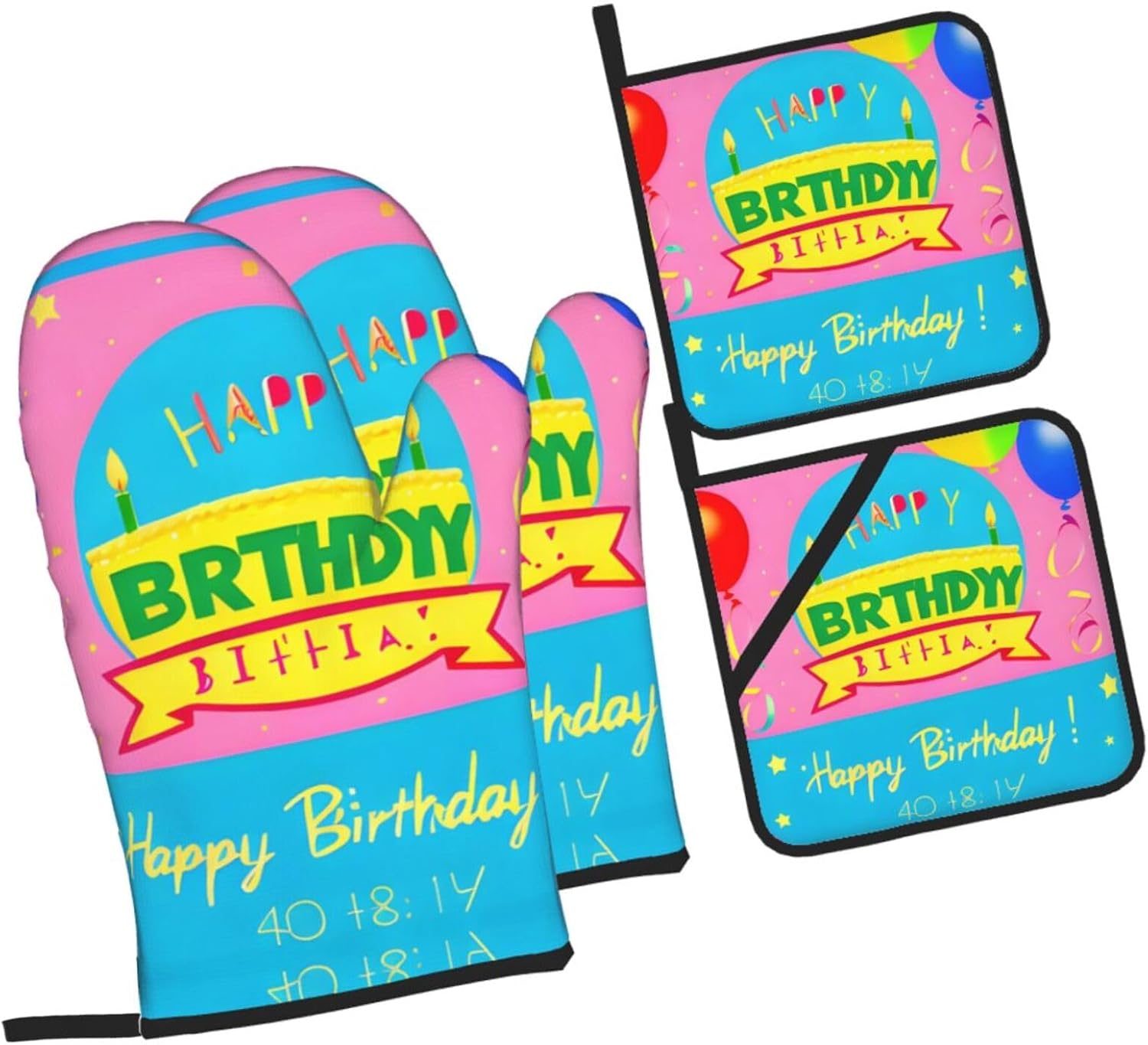 Happy Birthday Balloon Patterned Kitchen Baking 4-Piece Set, High Temperature Resistant Oven Mitts and Potholders Set for Cooking Baking Grilling
