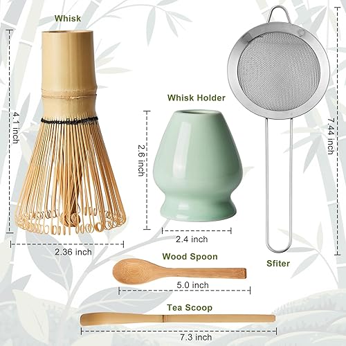Miniatura 6 de Juego de 5 batidores de matcha, 100% bambú natural, accesorio de ceremonia de matcha, batidor, soporte para batidor (verde), tamiz, cuchara de té,
