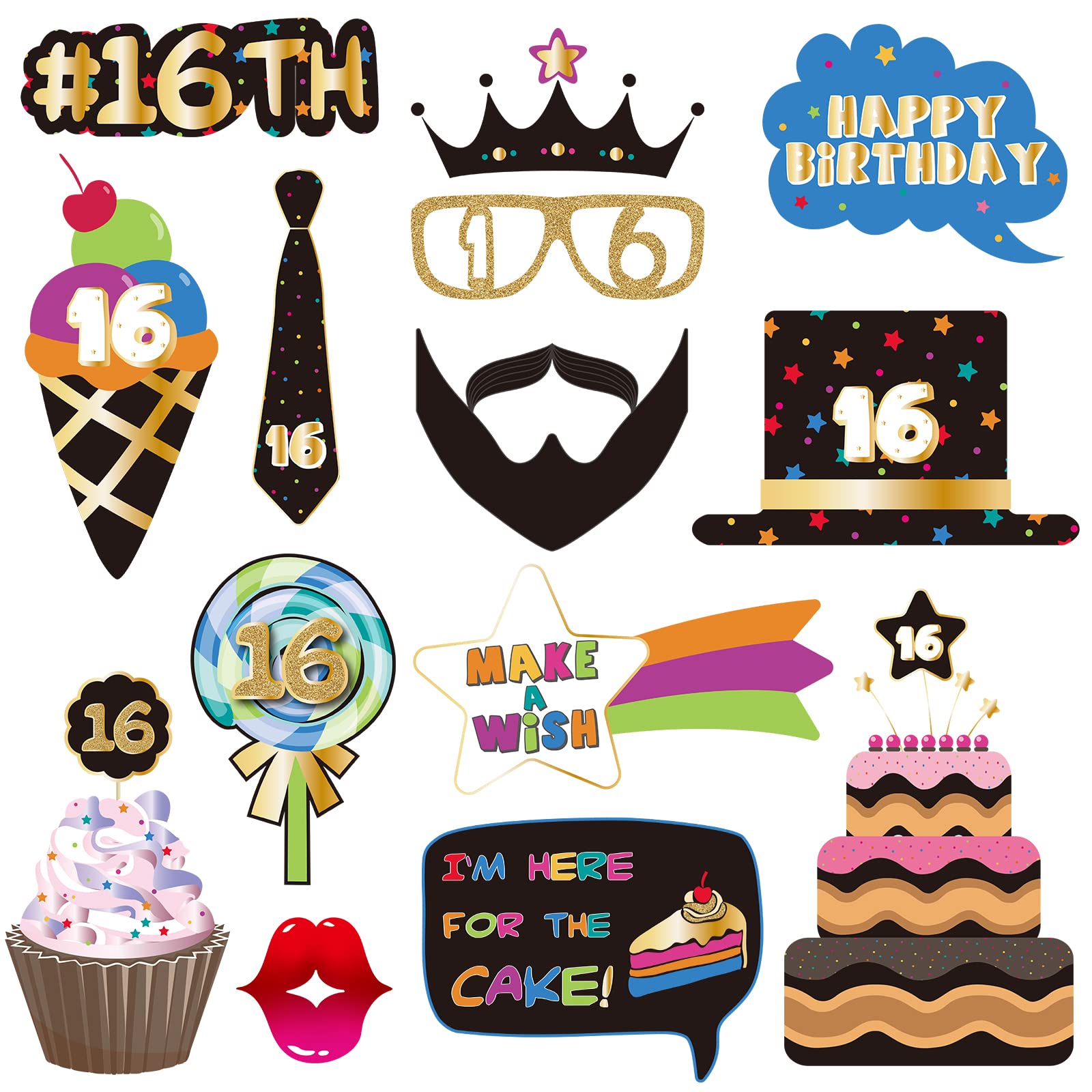 BRT Bearingshui Sweet 16 Photo Booth Props Accessories, Birthday Photo Booth and Signs for 16, 16th Birthday Photo Booth Party Props, 16th Happy Birthday Party Decorations Supplies Favors