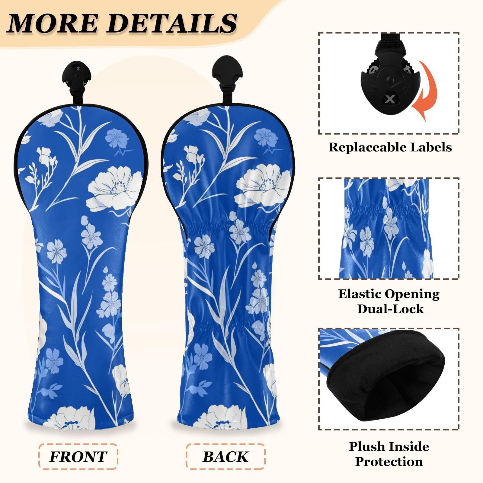 Carnation Couvre-club de golf bleu roi avec étiquettes numérotées conçues pour s'adapter à tous les accessoires de golf de bois et de pilotes
