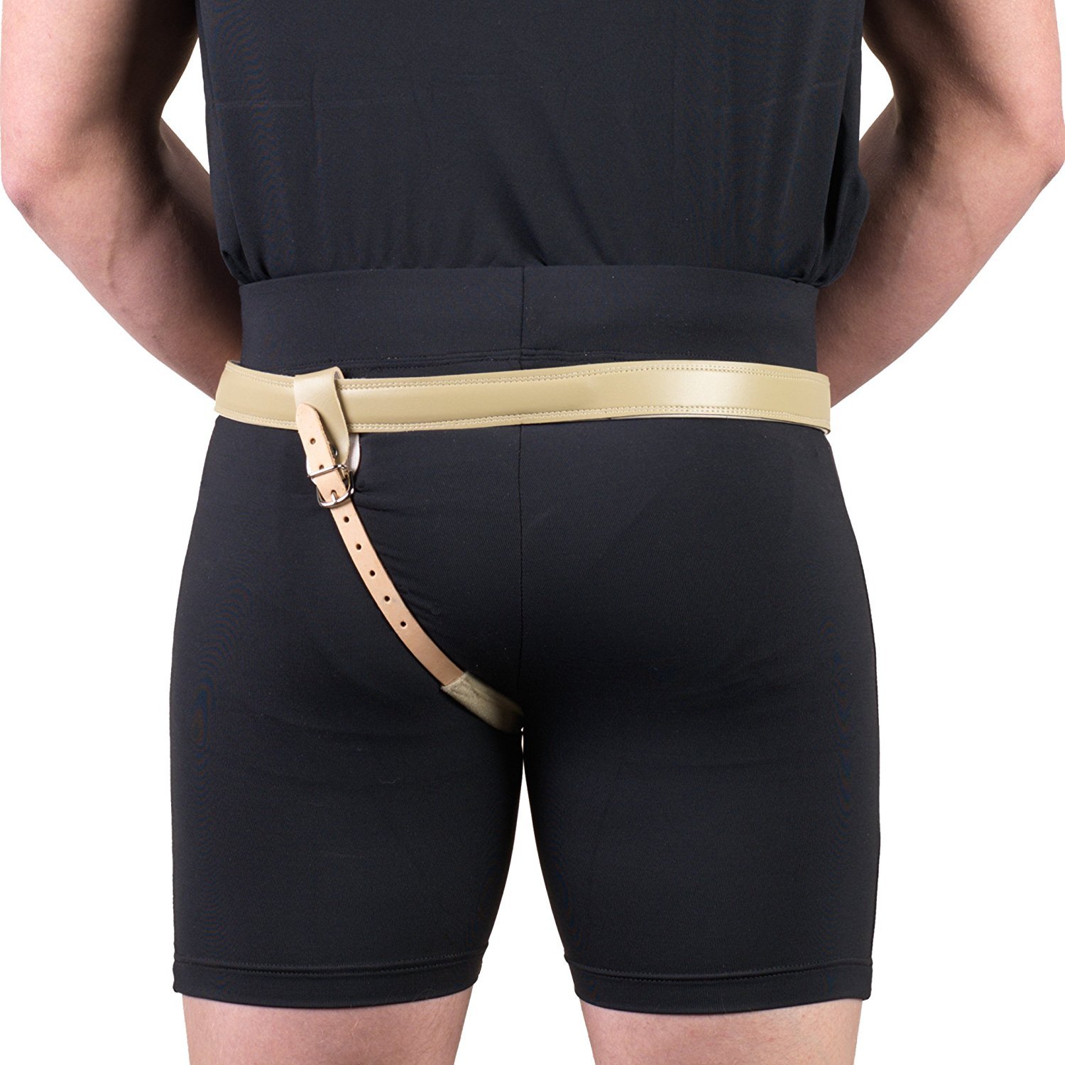 Truform-OTC Hernia Truss, Single Spring, Scrotal Pad Compression, Leather, Congenital Hernia Relief, 34 inch Hip (Left)
