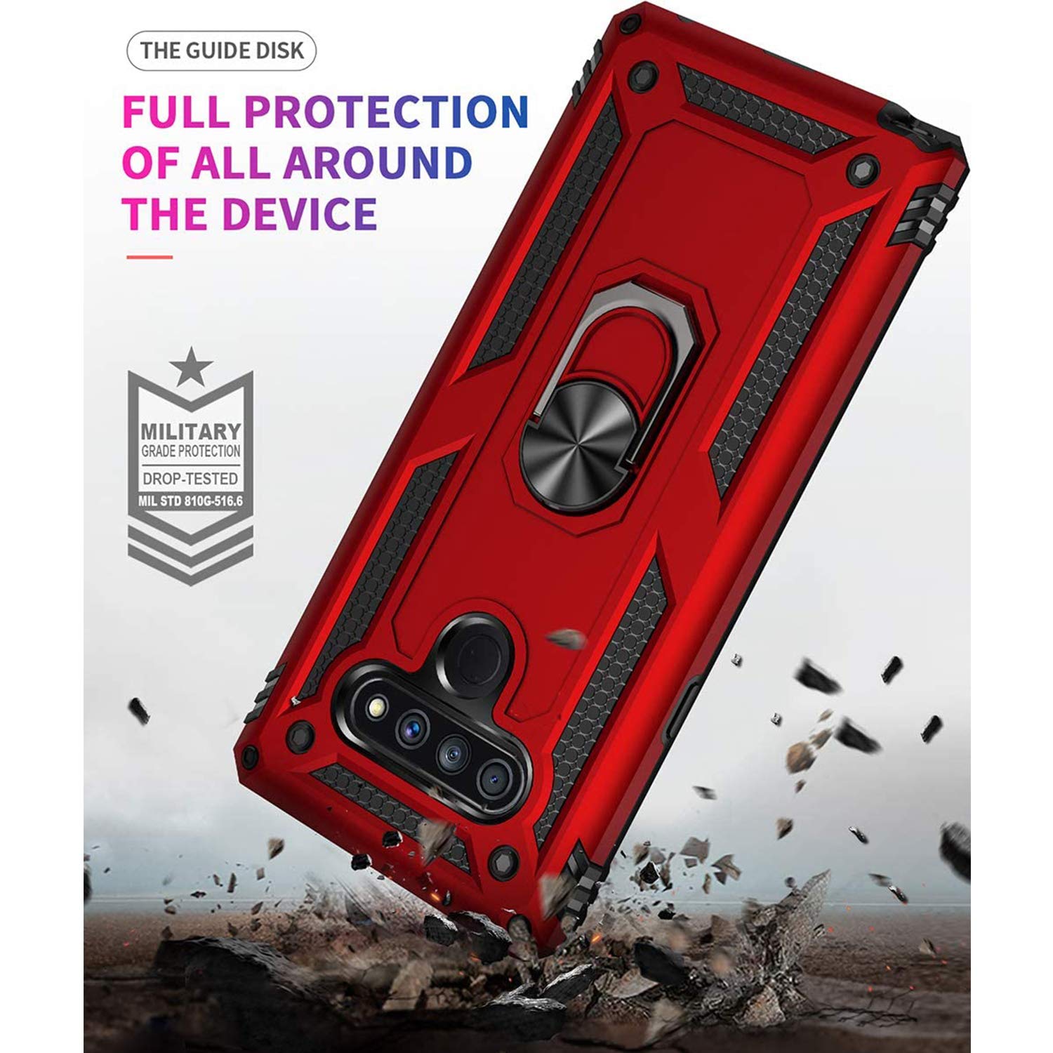 TJS - Funda para LG Stylo 6, con protector de pantalla de cristal templado de cobertura total, resistente a los impactos, anillo de metal, soporte magnético, protector de armadura