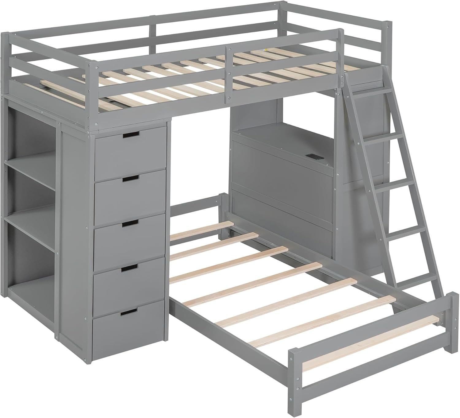 Twin Over Twin Bunk Bed with LED Light and USB Poarts, Versatility Solid Wood Loft Bed Frame,w/ 8 Storage Drawers,Shelves & Desk,Easy to Install,for Kids Teens Adults,Gray