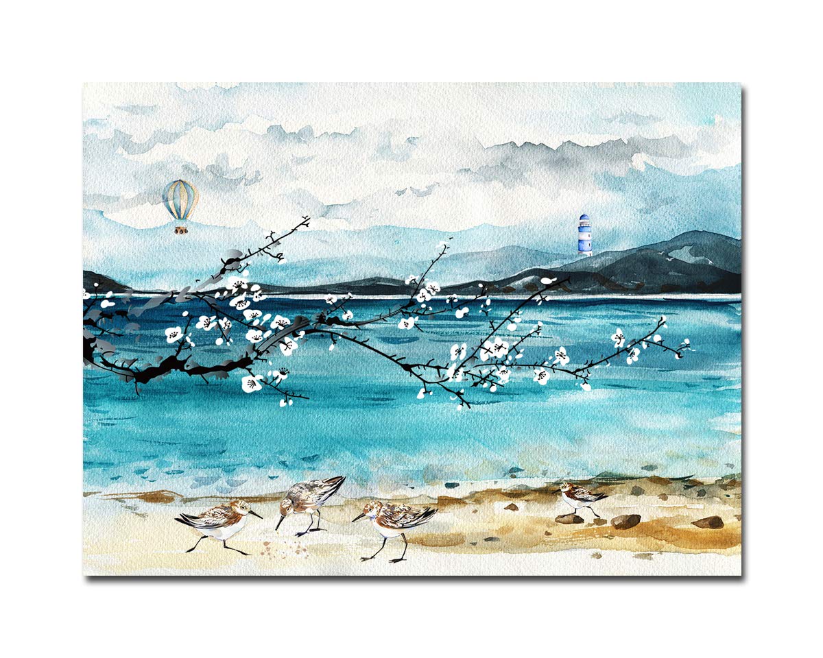 Paimuni Beach Wall Art Ocean Theme Decor White Flowers Modern Watercolor Canvas Prints Ready to Hang 12x16 Inch