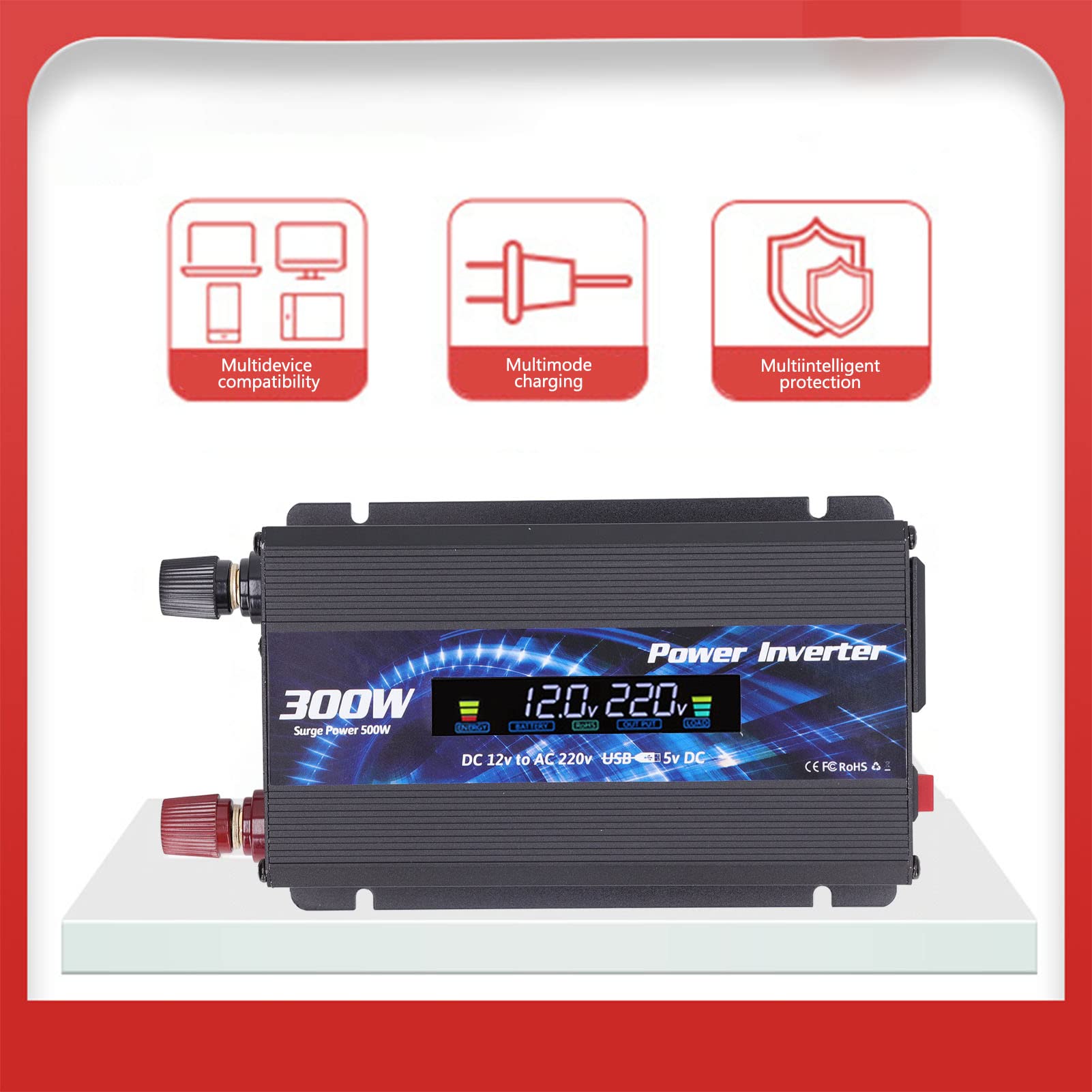 WINH Convertidor de Potencia para Automóvil, Cargador Inversor Eficiente para Viajar y Acampar con Ventilador de Refrigeración y Pantalla LCD para Viajes por Carretera Actividades Al Aire Libre