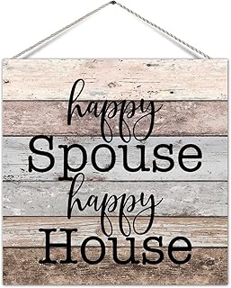Nostalgic Wood Sign Plaque Happy Spouse Happy House Rustic Wooden Plank Hanging Plaque Welcome Plaque Aesthetic Wood Wall Hanging Plaque for Bedroom Yard Wall Hanging Decor 12x12 Inch