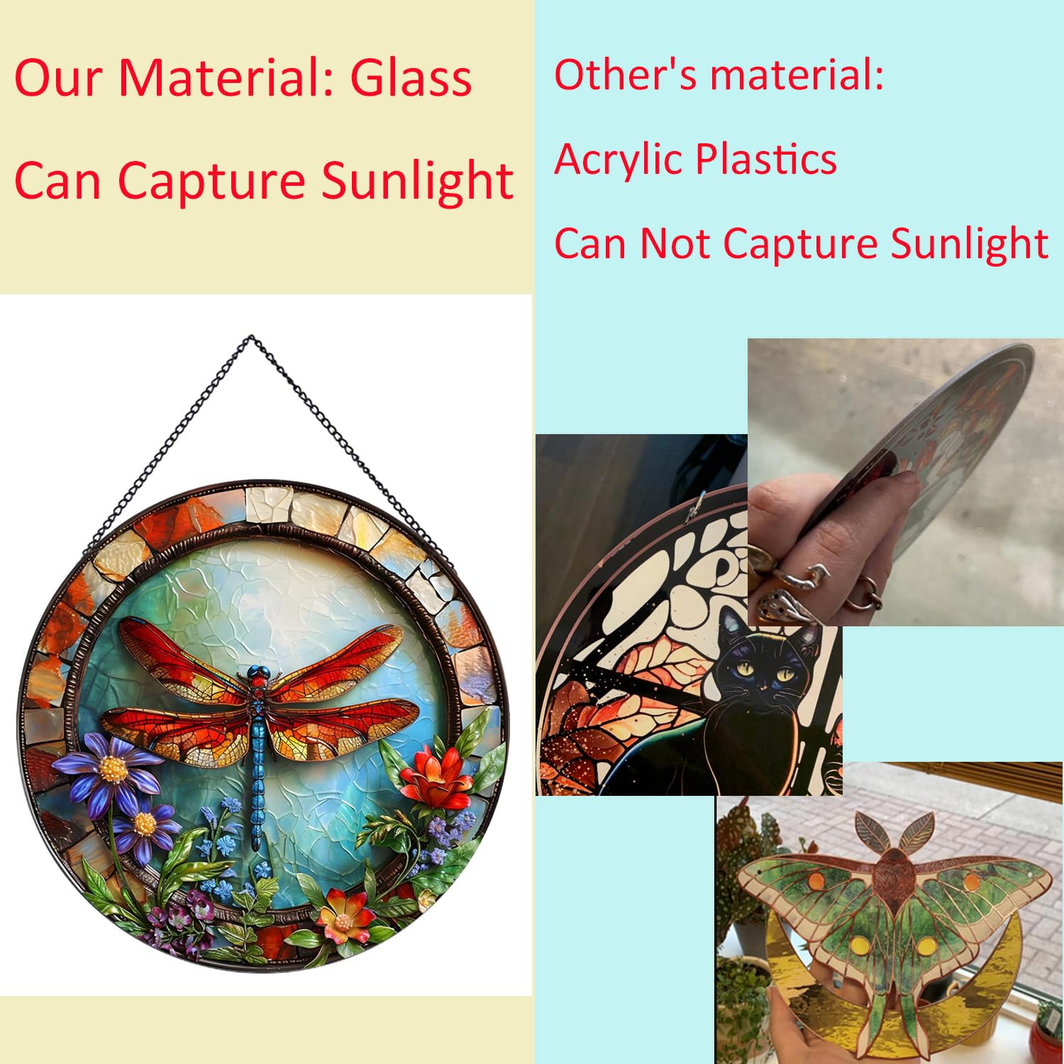 Payutou Dragonfly and Flower Suncatcher Stained Glass,Hanging Stained Glass Suncatcher for Windows,20cm/7.87inch Hand-Painted Sun Catcher Garden Hangings Halloween Fall Christmas Decor for Home - Image 4