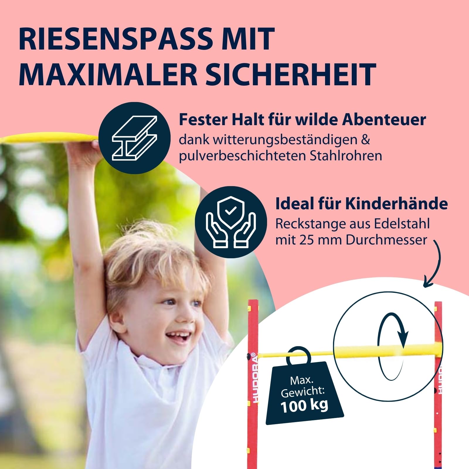 HUDORA Turnreck Fabian Standard/Pro - einfache/doppelte Turnstange & Nestschaukel 90 - Blaue Kunststoff-Nestschaukel für bis zu 100kg
