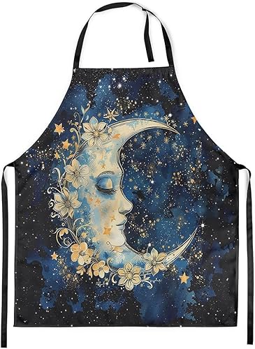 Castle Fairy Mountain Moon Chef Apron,Starry Night Sky Apron 31"x26",Natural Landscape Painting Kitchen Aprons for Women