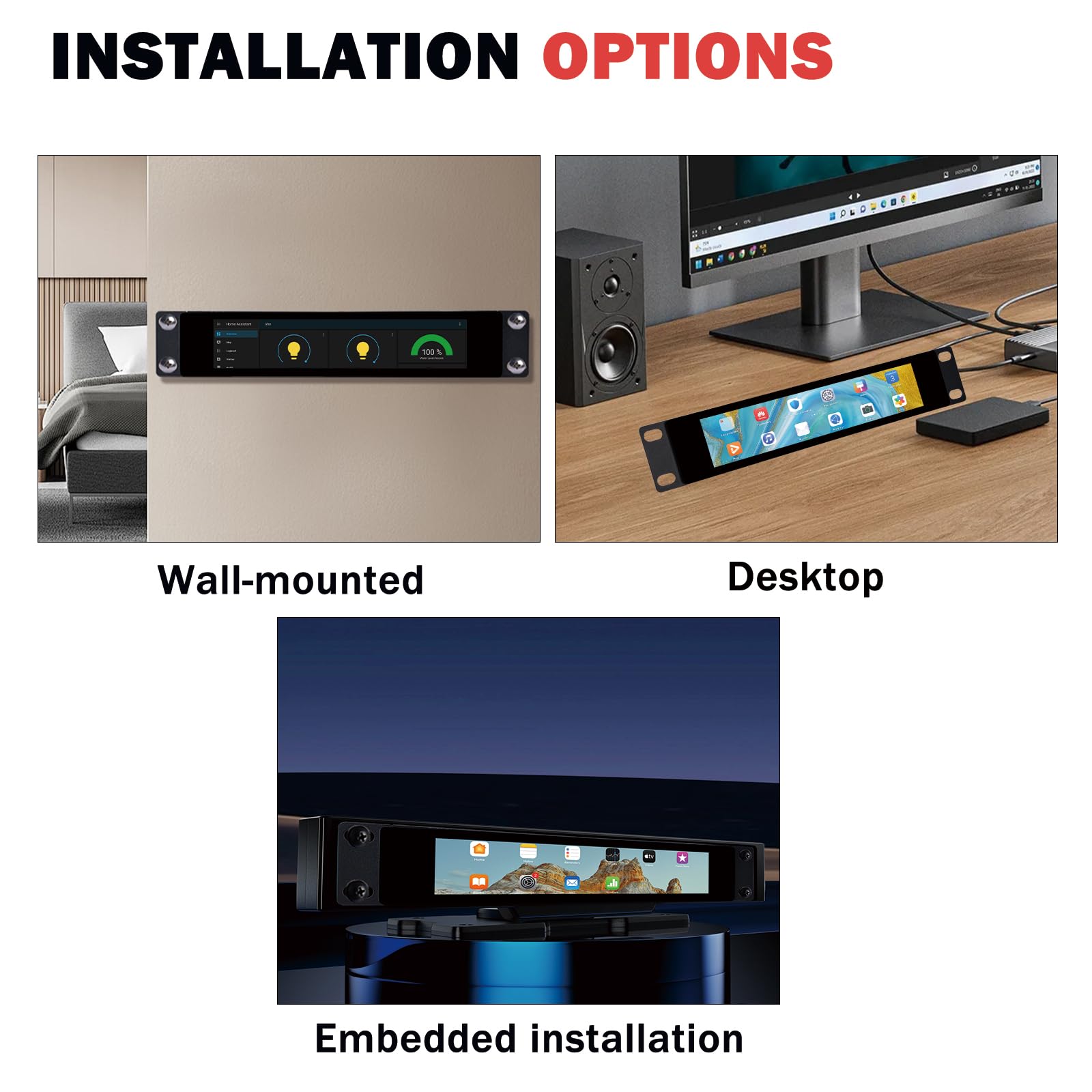 GeeekPi Ekran dotykowy LCD 6,91", 1424 x 280 cm, 1U, do szafek serwerowych DeskPi RackMate T0/T1/T2/T0 Plus/T1 Plus i 10" do stojaków serwerowych