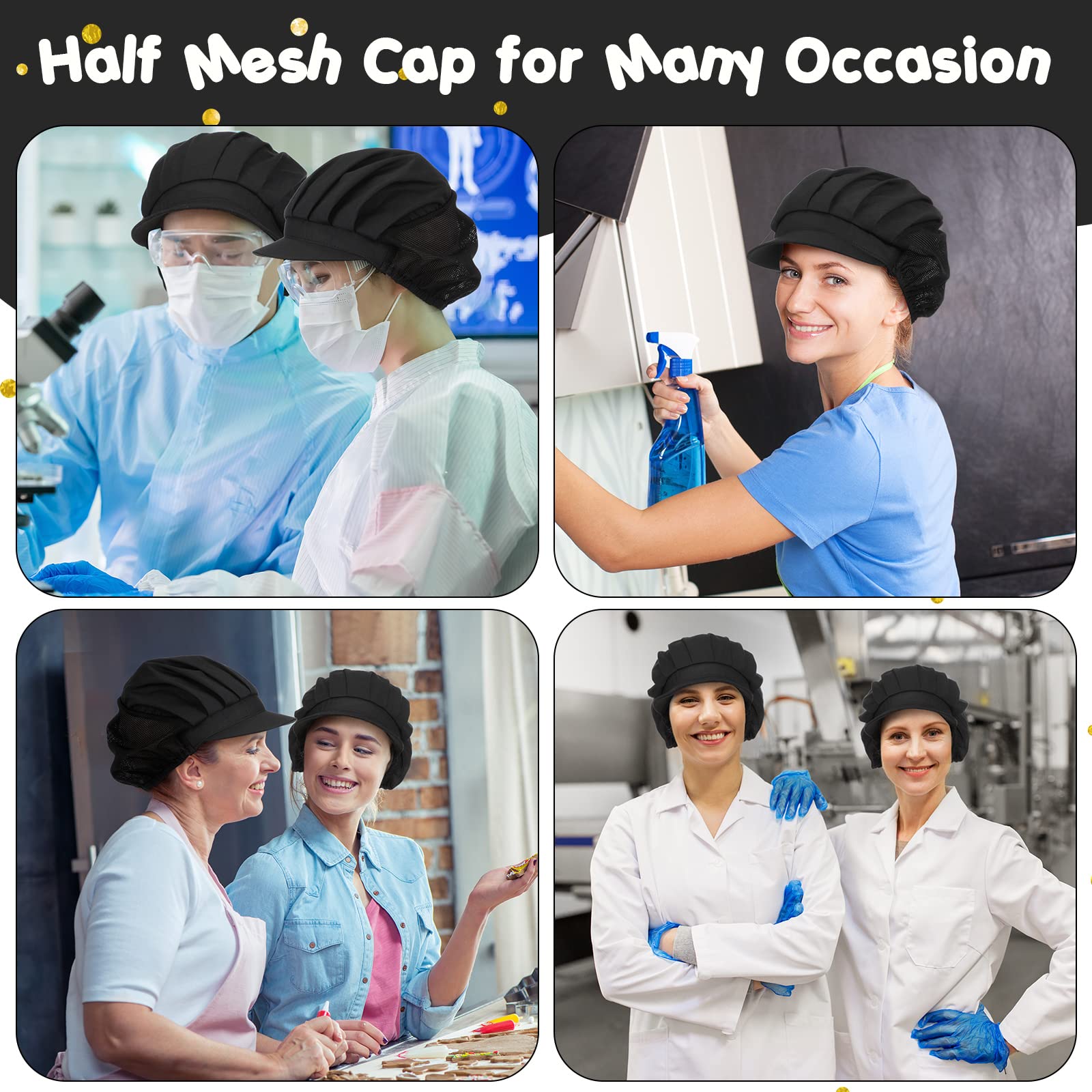 Hicarer 16 Pcs Chef Hats for Women Hair Nets Kitchen Cooking Chef Cap Adjustable Elastic Work Cap for Women Adult, Black
